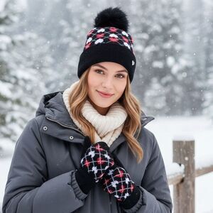 Juicy Couture Heart Argyle Pom-Pom Beanie & Gloves Winter Set